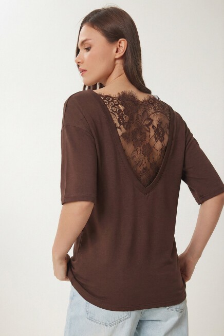 Dantel Detaylı Oversize Modal T-shirt KAHVERENGİ LNT0030
