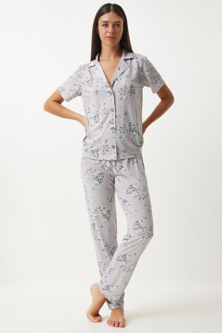 Desenli Gömlek Pantolon Pijama Takımı GRİ LEC0002