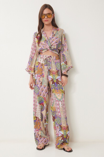 Desenli Saten Crop Alt Üst Takım KREM PEMBE LDP0041