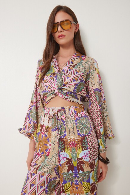 Desenli Saten Crop Alt Üst Takım KREM PEMBE LDP0041