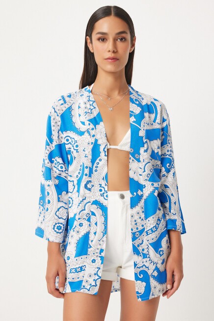 Desenli Viskon Kimono MAVİ BEYAZ LEN0004