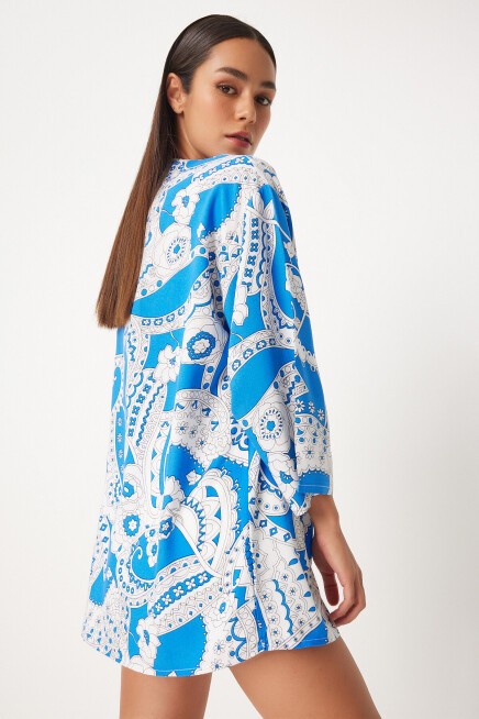 Desenli Viskon Kimono MAVİ BEYAZ LEN0004