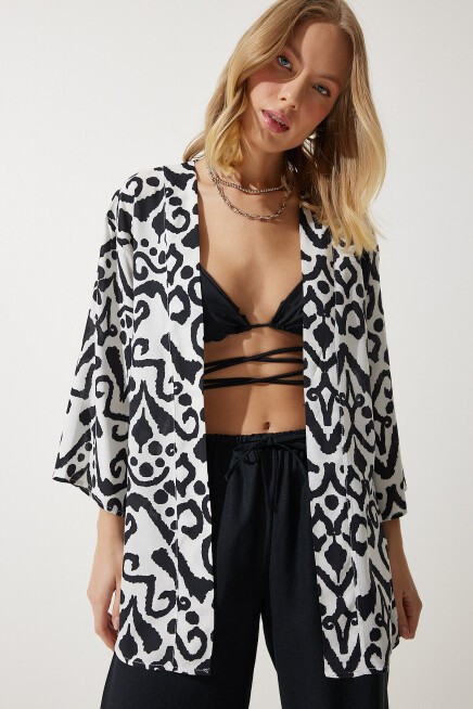 Desenli Viskon Kimono SİYAH BEYAZ LEN0004