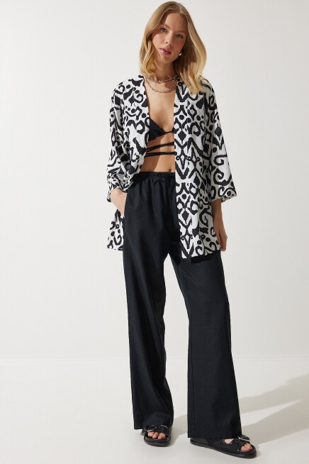Desenli Viskon Kimono SİYAH BEYAZ LEN0004