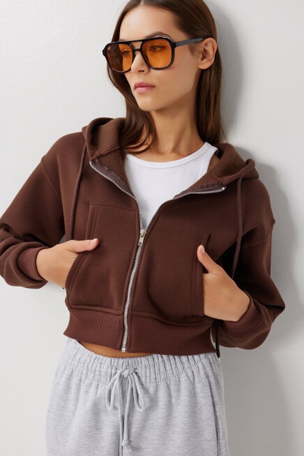 Kapüşonlu Fermuarlı Şardonlu Örme Sweatshirt KAHVERENGİ LPX0004