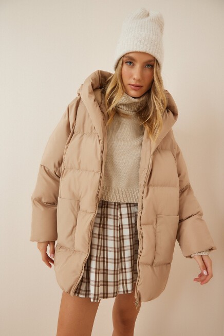 Kapüşonlu Oversize Şişme Mont KREM LRV0059