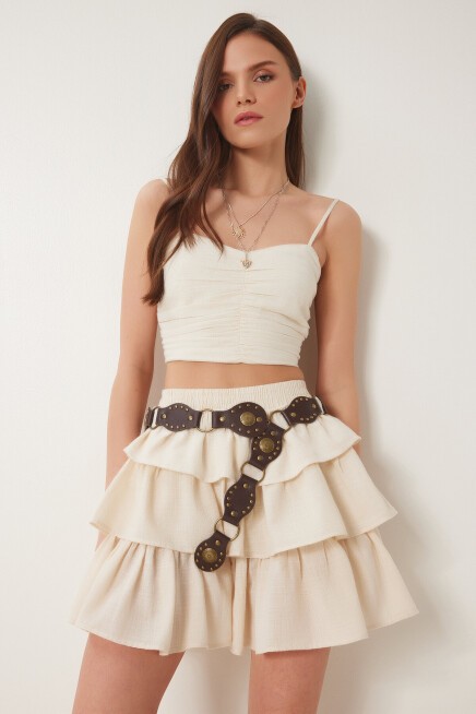 Katlı Mini Keten Etek KREM LNS0045