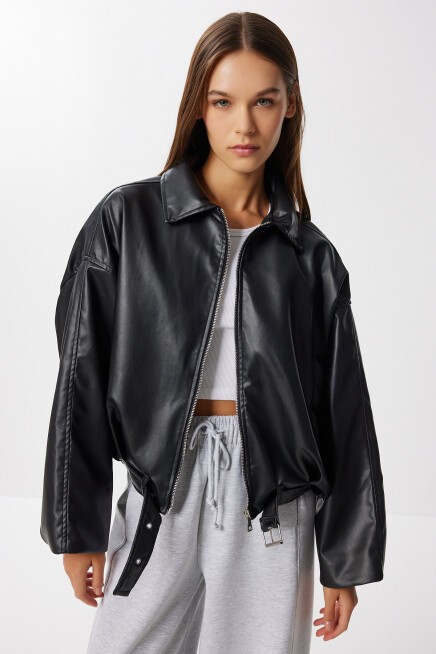 Kemerli Suni Deri Bomber Ceket SİYAH LOH0013