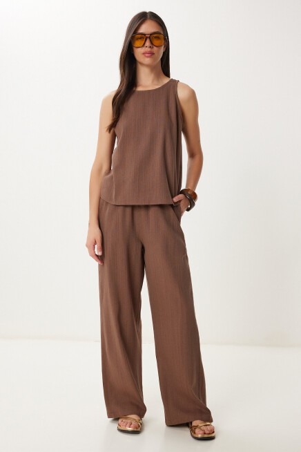 Keten Bluz Pantolon Takım KAHVERENGİ LMC0062
