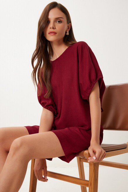 Keten Bluz Şort Takım BORDO LMX0098