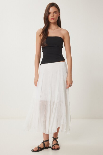 Kırışık Efektli Dokuma Midi Etek BEYAZ LNS0019