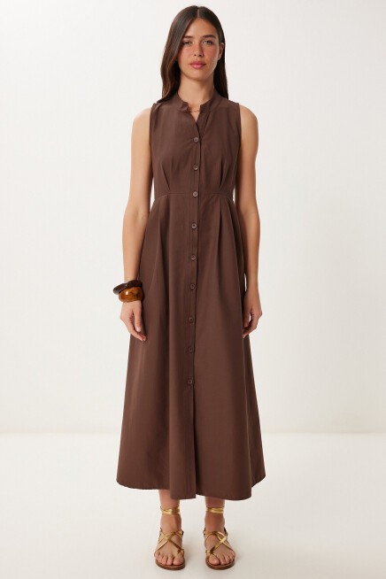 Kolsuz Midi Poplin Gömlek Elbise KAHVERENGİ LMX0093