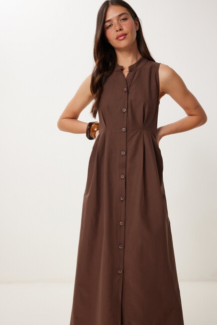 Kolsuz Midi Poplin Gömlek Elbise KAHVERENGİ LMX0093