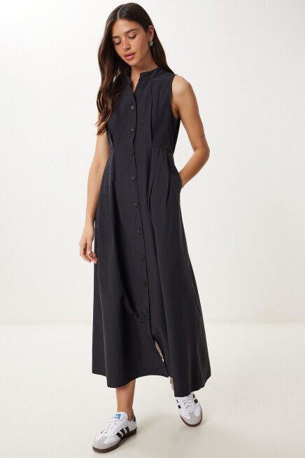 Kolsuz Midi Poplin Gömlek Elbise SİYAH LMX0093