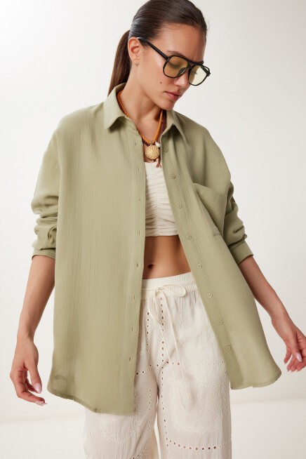 Oversize Basic Müslin Gömlek AÇIK HAKİ LMX0002
