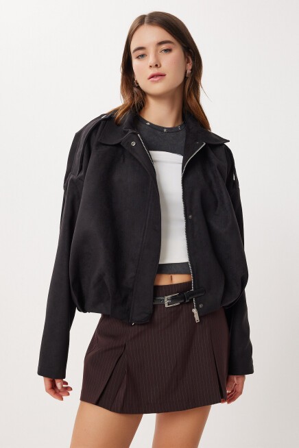 Süet Görünümlü Bomber Ceket SİYAH LOH0014