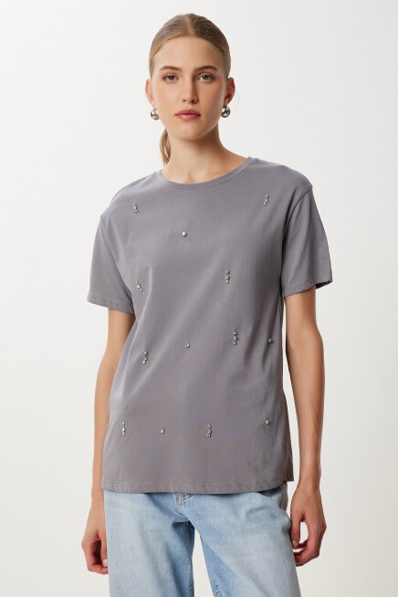 Taş Detaylı Pamuklu Örme T-shirt FÜME LKT0006