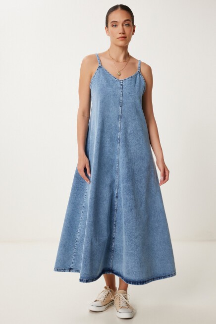Askılı Denim Çan Elbise AÇIK MAVİ LRV0097