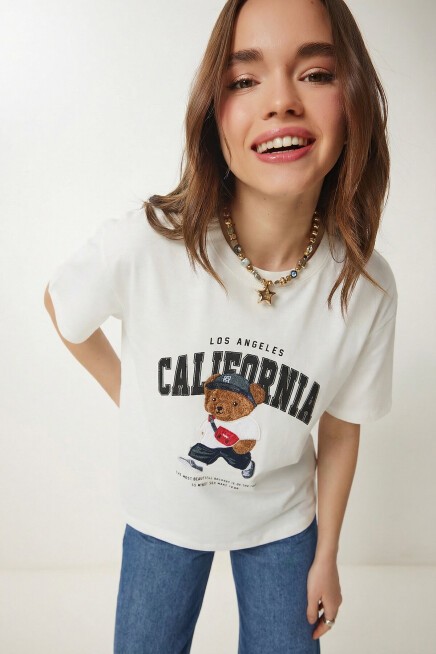 Ayıcık Armalı Baskılı Oversize Örme T-shirt EKRU LMC0088