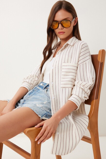 Çizgili Oversize Müslin Gömlek KREM BORDO LGP0014