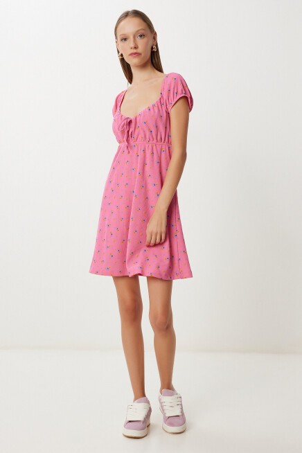 Desenli Mini Örme Elbise KOYU PEMBE LUB0167