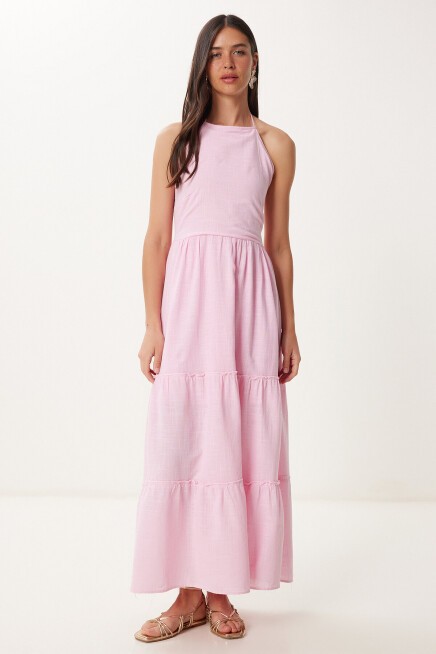 Halter Yaka Volanlı Yazlık Keten Elbise ŞEKER PEMBE LGP0015