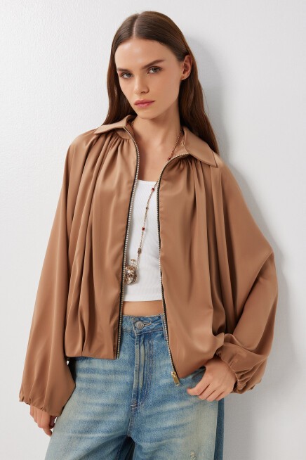 Kabarık Saten Yüzeyli Bomber Ceket CAMEL LMW0033