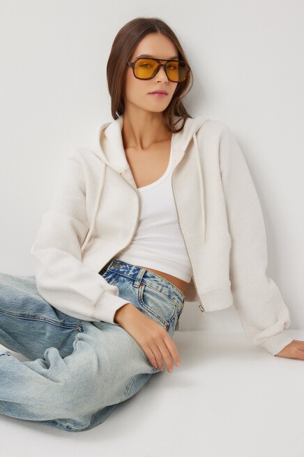 Kapüşonlu Fermuarlı Crop Sweatshirt BEJ LUB0054