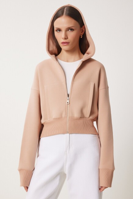 Kapüşonlu Şardonlu Fermuarlı Sweatshirt BİSKÜVİ LOW0019