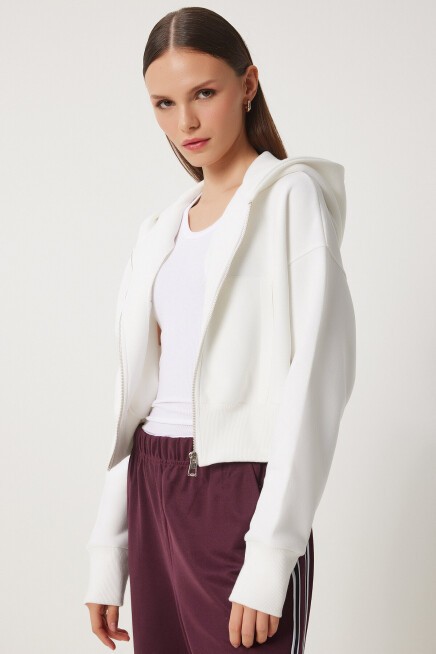 Kapüşonlu Şardonlu Fermuarlı Sweatshirt EKRU LOW0019