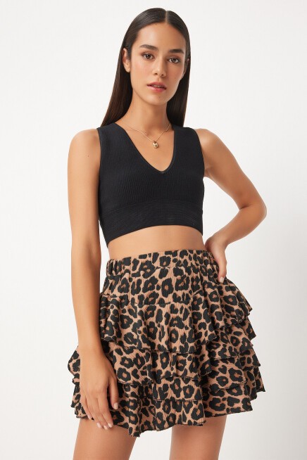 Leopar Desenli Mini Örme Şort Etek SİYAH BEJ LKQ0004