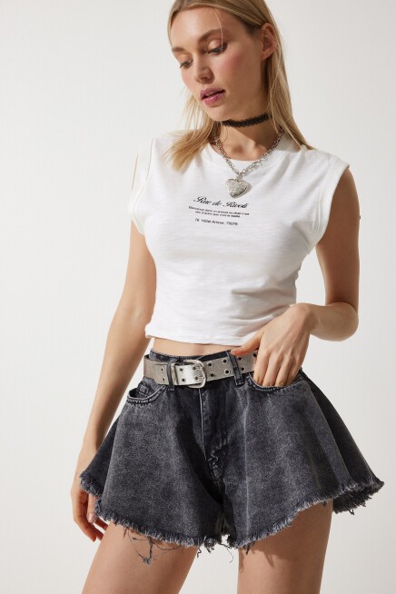 Püsküllü Mini Denim Şort ANTRASİT LHE0001