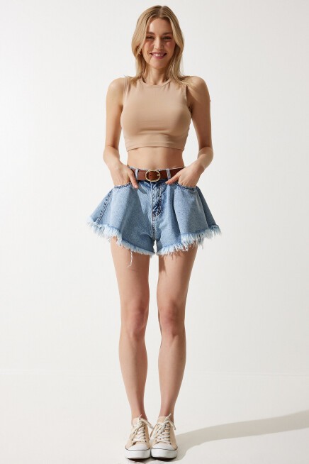 Püsküllü Mini Denim Şort ORTA MAVİ LHE0001