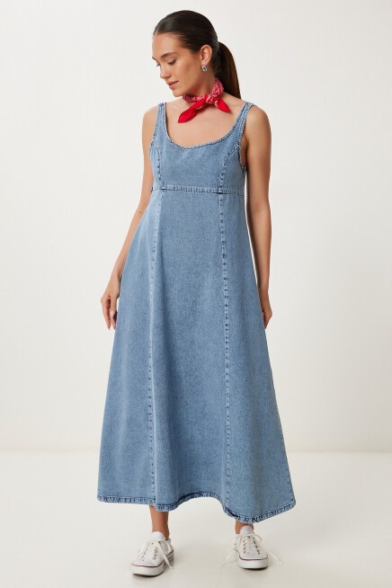 U Yaka Askılı Uzun Çan Formlu Denim Elbise AÇIK MAVİ LRV0098