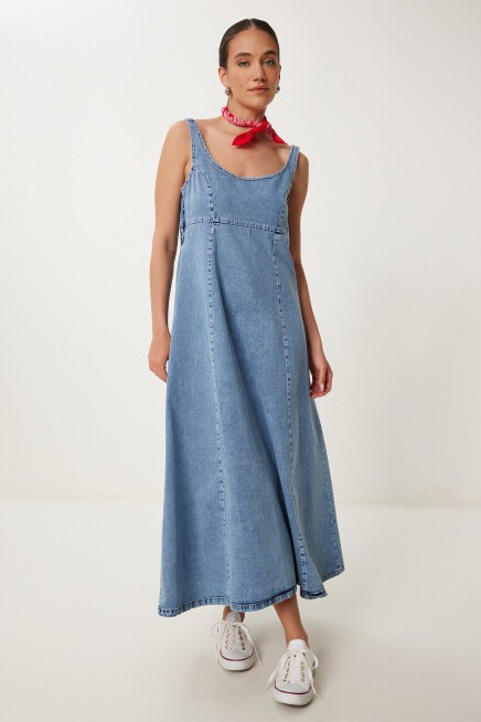 U Yaka Askılı Uzun Çan Formlu Denim Elbise AÇIK MAVİ LRV0098