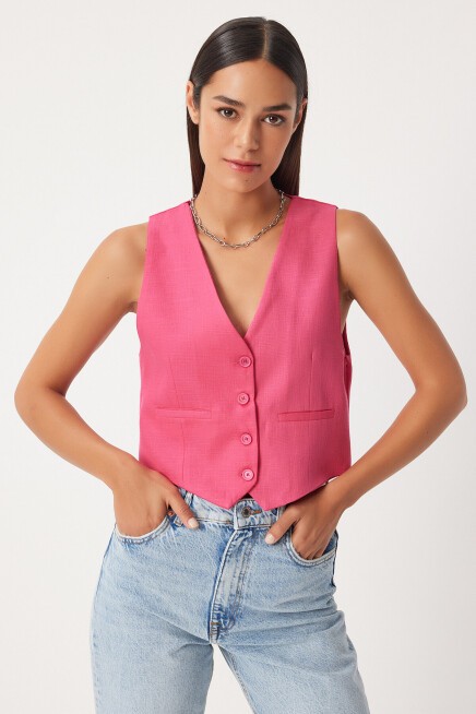 V Yaka Keten Yelek KOYU PEMBE LKT0003