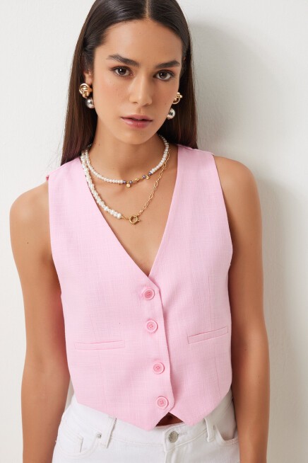 V Yaka Keten Yelek PEMBE LKT0003