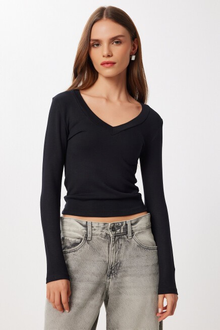 V Yaka Saran Basic Modal Bluz SİYAH LMW0029