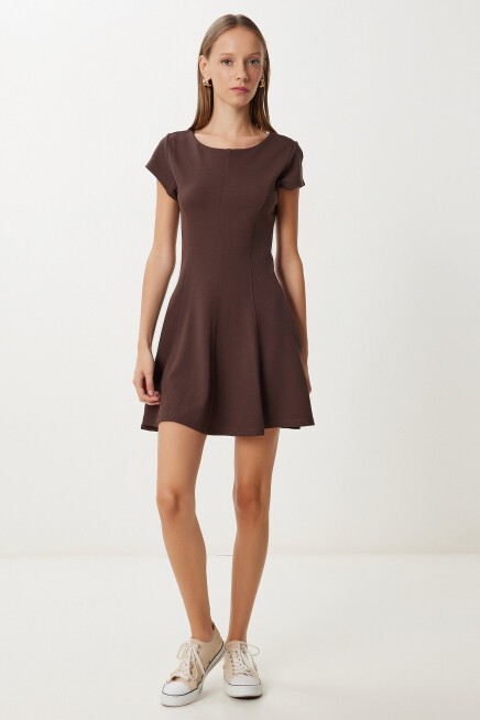 Volanlı Mini Örme Elbise KAHVERENGİ LUB0178