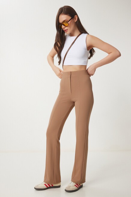 Yüksek Bel Likralı Örme Pantolon CAMEL LRV0004