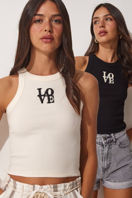 2li Halter Yaka Nakışlı Fitilli Crop Örme Bluz SİYAH KREM LUS0003