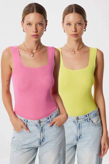 2li Kare Yaka Kalın Askılı Triko Bluz SARI PEMBE LUS0001