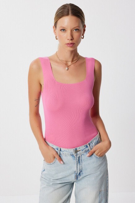 2li Kare Yaka Kalın Askılı Triko Bluz SARI PEMBE LUS0001