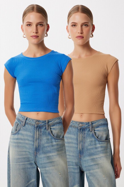 2’li Paket Basic Fitilli Örme Crop Bluz BİSKÜVİ KOYU MAVİ LMX0123