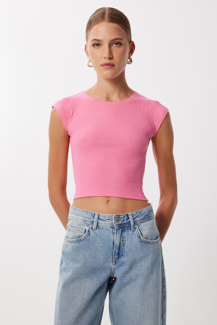 2’li Paket Basic Fitilli Örme Crop Bluz ORANJ PEMBE LMX0123