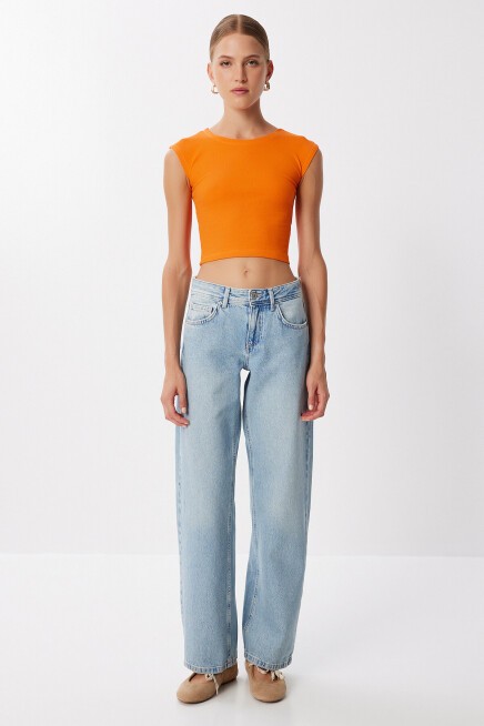 Basic Fitilli Örme Crop Bluz ORANJ LMX0122