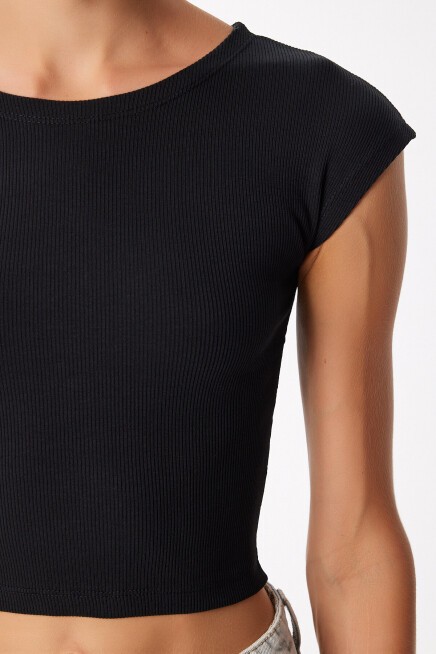 Basic Fitilli Örme Crop Bluz SİYAH LMX0122