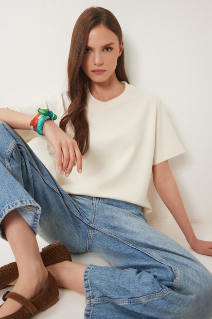 Basic Pamuklu Örme T-shirt KREM LUS0094