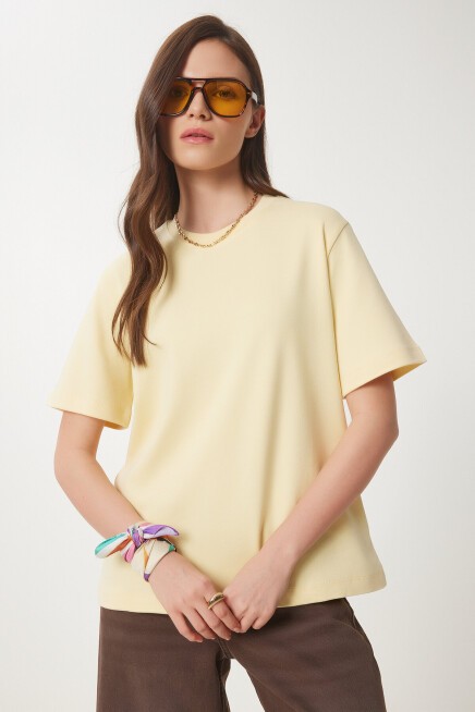 Basic Pamuklu Örme T-shirt SARI LUS0094