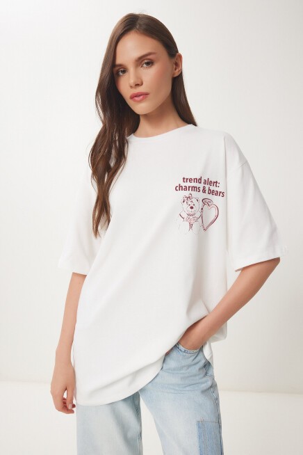 Baskılı Pamuklu Oversize Örme T-shirt EKRU LUB0105